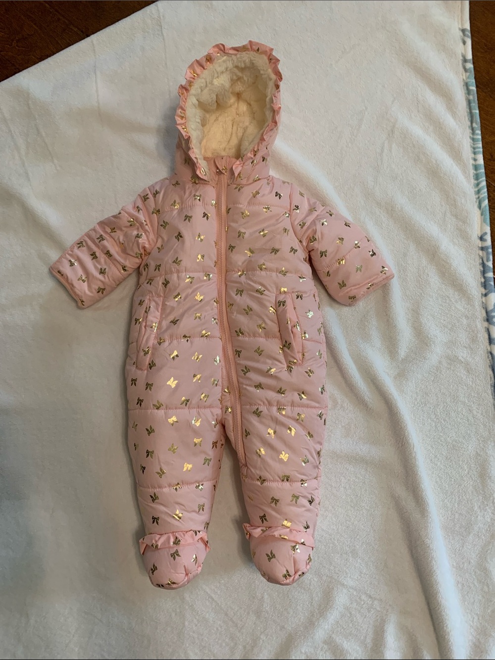 Jessica Simpson Pink Hooded Footed One-Piece with Metallic Bow Accents